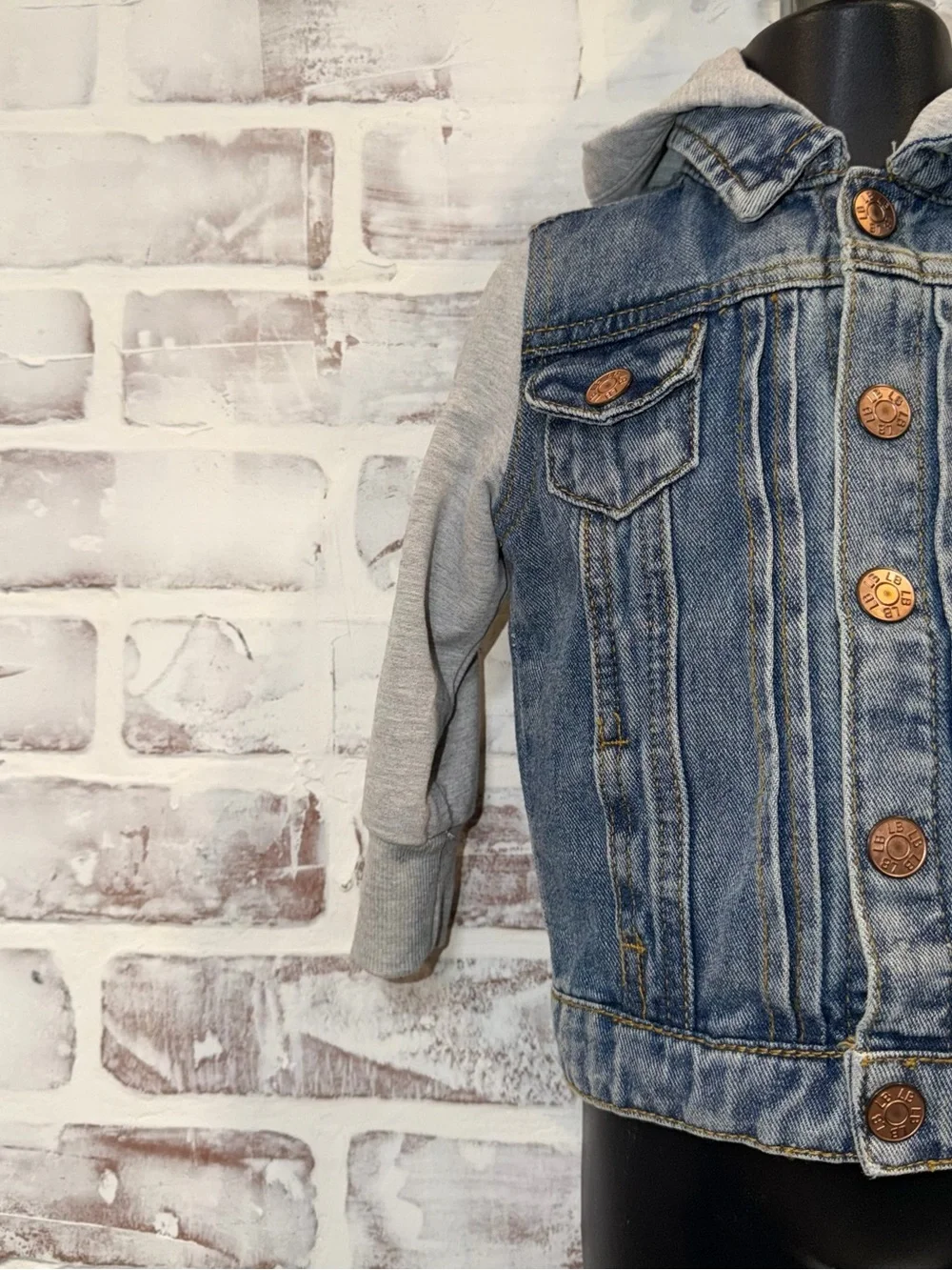 Little Bipsy Blue Denim Jacket with Gray Hoodie Sleeves 6/12m